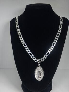925 Sterling Silver Virgin Mary Pendant Necklace 22 Inch Figaro Chain 35.6g